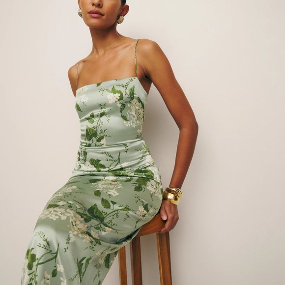 Reformation Frankie Silk Dress- Tea Garden Green Floral dress - Picture 2 of 6
